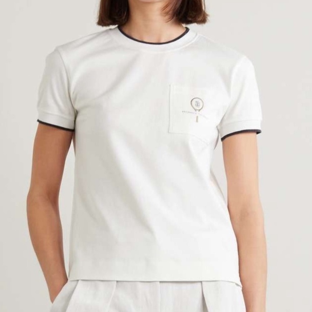 NWT Brunello Cucinelli Tennis Piped Embroidered Cotton-Jersey T-shirt in White